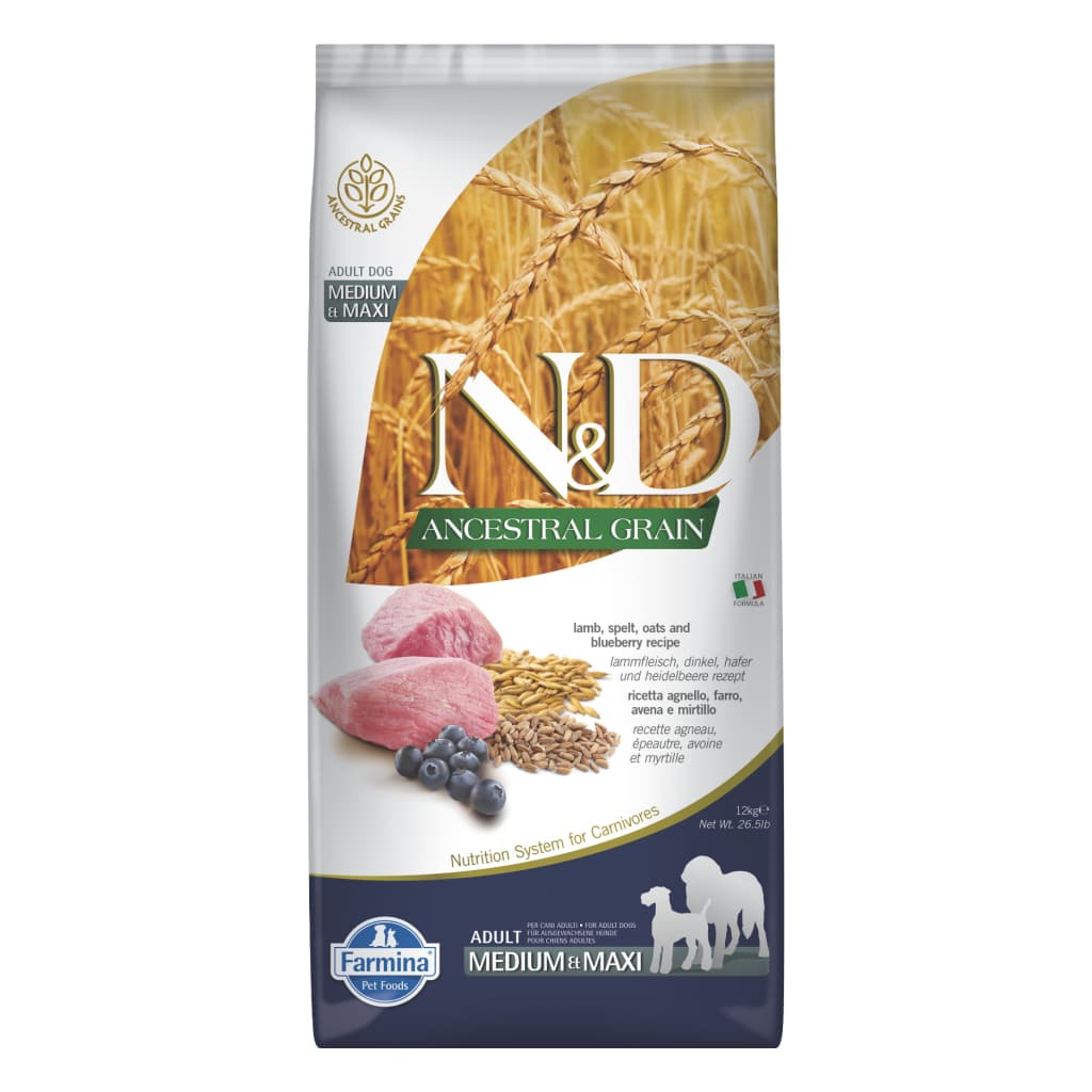 N&D Ancestral Kuzu Etli ve Yaban Mersinli Orta ve Büyük Irk Ata Tahıllı Yetişkin Köpek Maması 12 kg