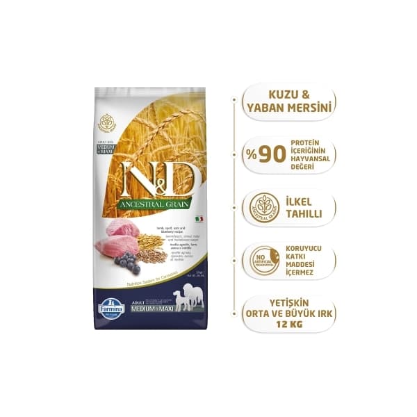 N&D Ancestral Kuzu Etli ve Yaban Mersinli Orta ve Büyük Irk Ata Tahıllı Yetişkin Köpek Maması 12 kg