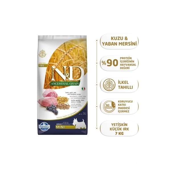N&D Ancestral Grain Kuzu Etli ve Yaban Mersinli Küçük Irk Ata Tahıllı Yetişkin Köpek Maması 7 kg