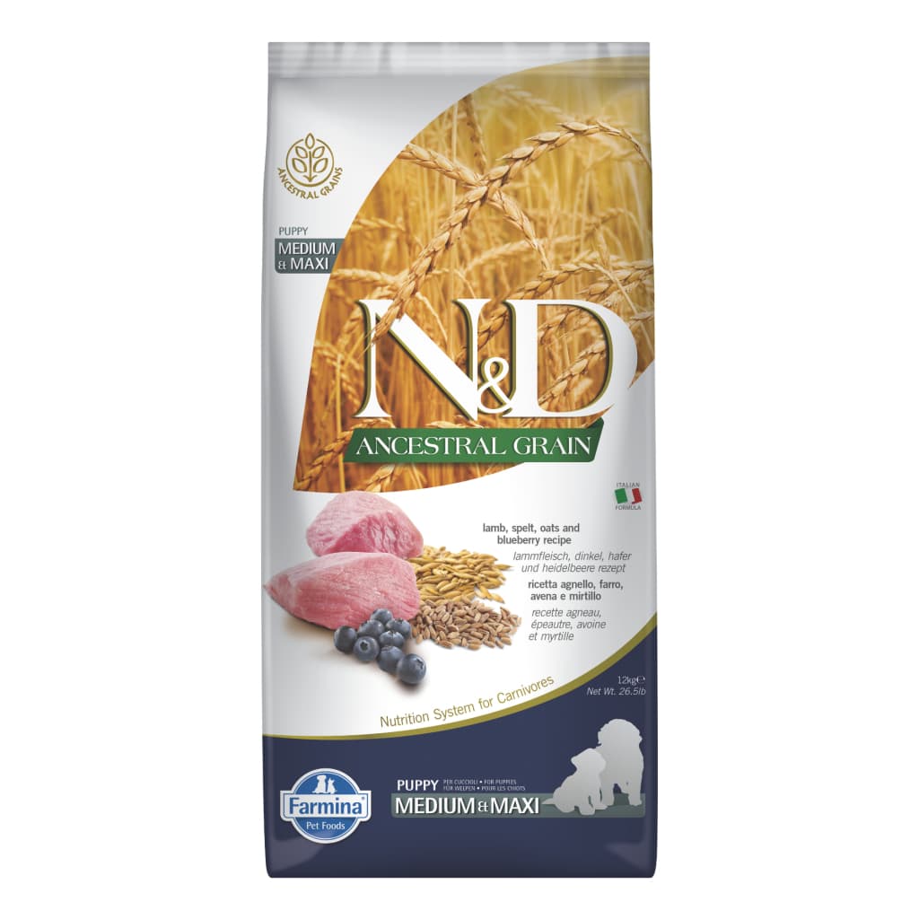 N&D Ancestral Grain Kuzu Etli Yaban Mersinli Orta ve Büyük Irk Ata Tahıllı Yavru Köpek Maması 12 kg