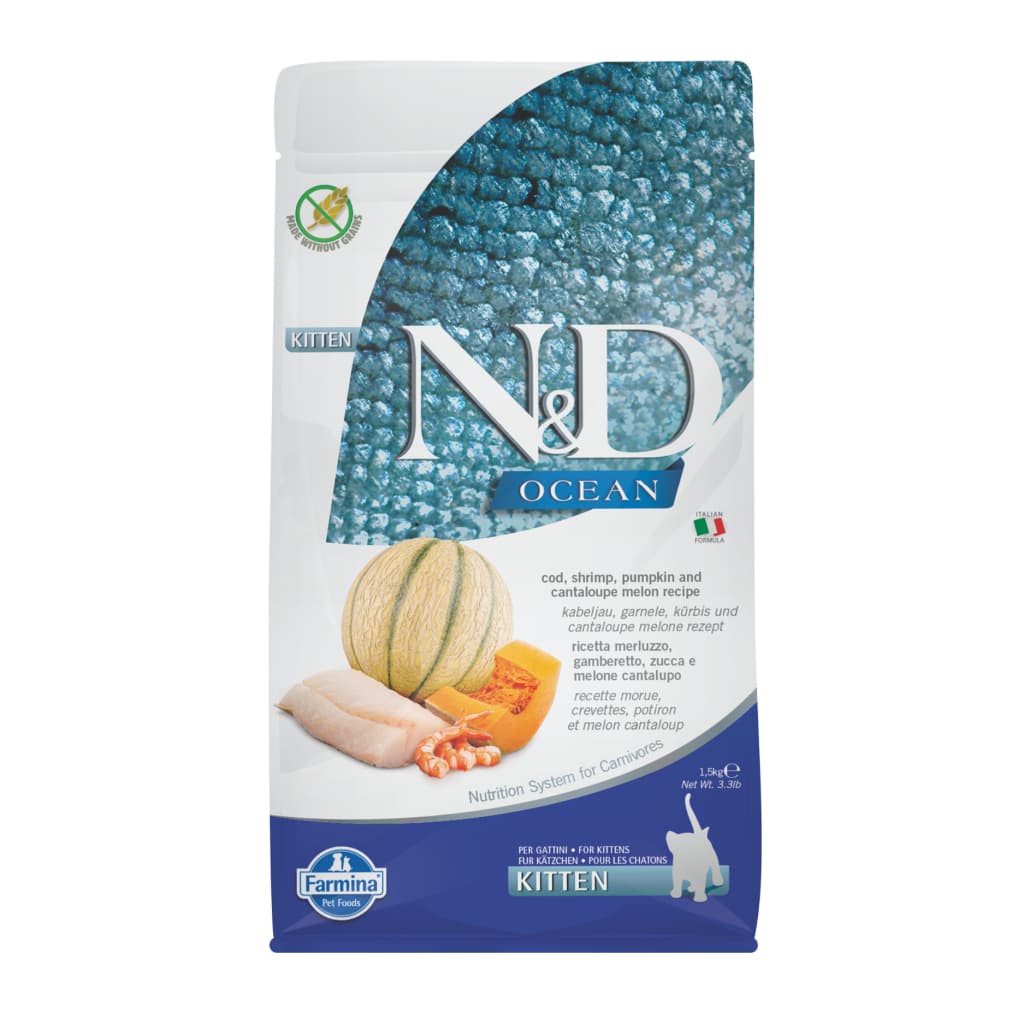 N&D Ocean Morina Balıklı Bal Kabaklı Karidesli ve Kavunlu Tahılsız Yavru Kedi Maması 1,5 kg