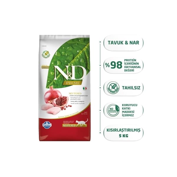 N&D Prime Tavuklu ve Narlı Tahılsız Kısırlaştırılmış Kedi Maması 5 kg